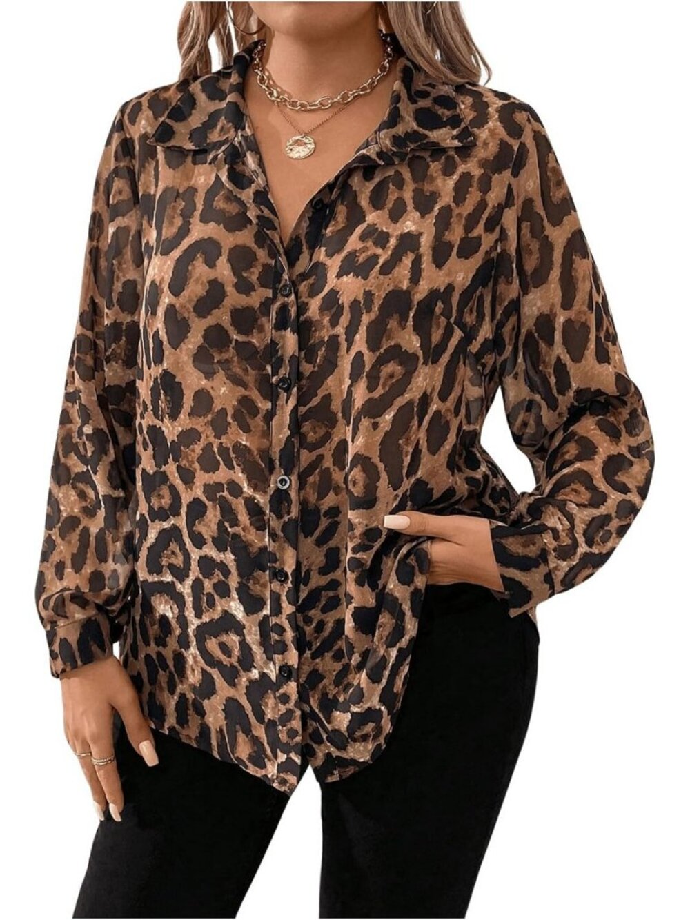 Plus Size Long Sleeve Cheetah Print Button Down Blouse Top for Women